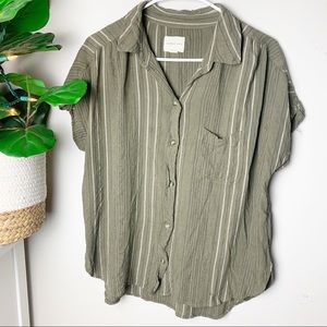 American Eagle Green Striped Button Down Top